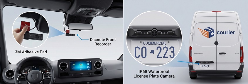 Hidden front dashcam and license plate rear backup camera system for fleet vans and pickups