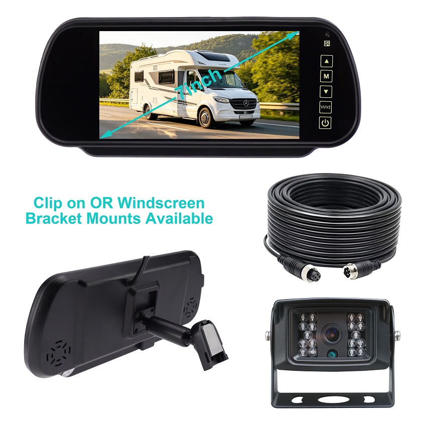 7-Inch Reversing Mirror Camera System with Bracket & Clip-on Mounts for Commercial Vehicles