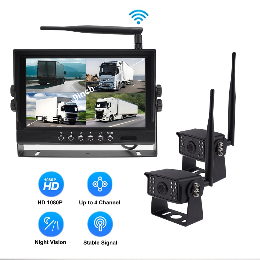 9 Inch Wireless Quad Camera System for Truck & Trailer with 4 Camera Support